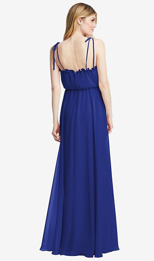 Back View - Cobalt Blue Skinny Tie-Shoulder Ruffle-Trimmed Blouson Maxi Dress