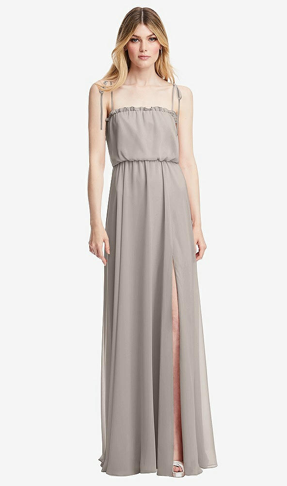 Front View - Taupe Skinny Tie-Shoulder Ruffle-Trimmed Blouson Maxi Dress
