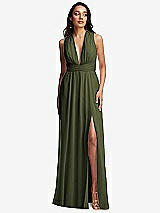 Front View Thumbnail - Olive Green Shirred Deep Plunge Neck Closed Back Chiffon Maxi Dress 