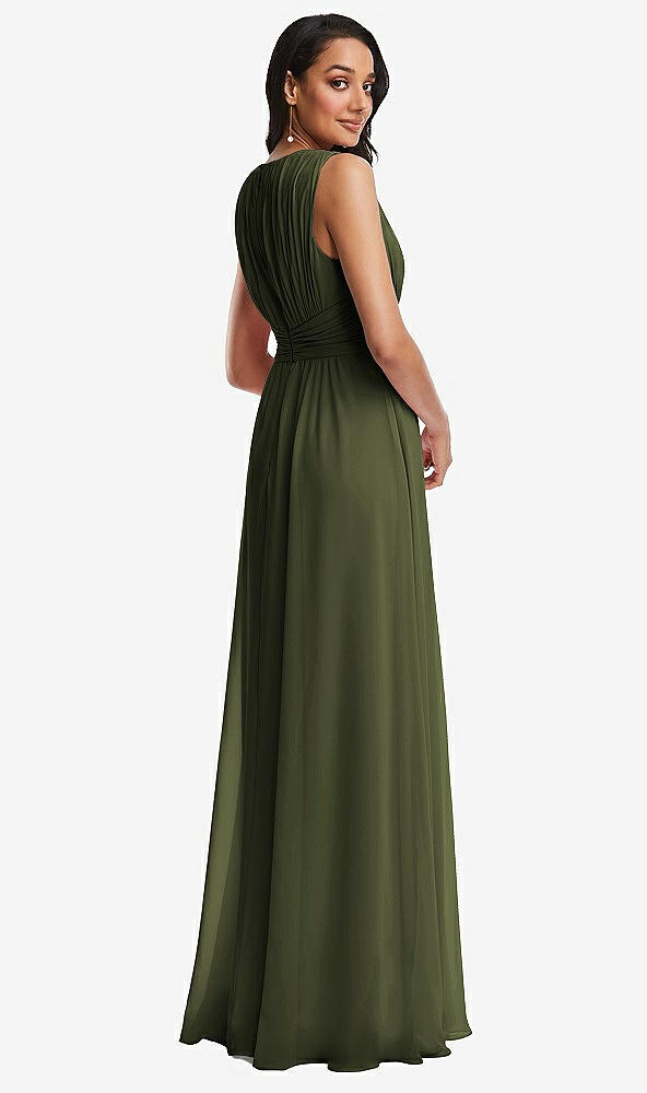 Back View - Olive Green Shirred Deep Plunge Neck Closed Back Chiffon Maxi Dress 