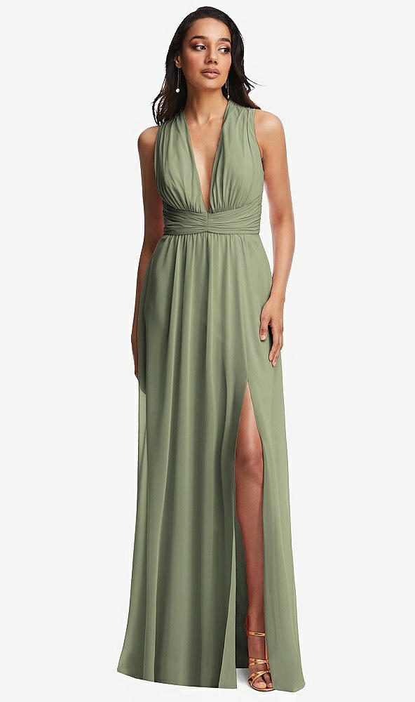 Front View - Sage Shirred Deep Plunge Neck Closed Back Chiffon Maxi Dress 