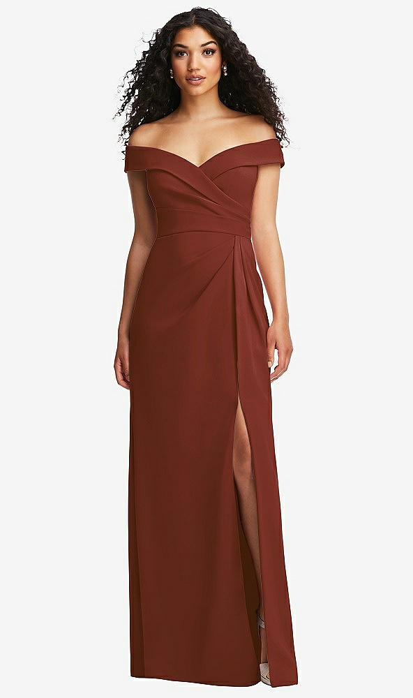 Front View - Auburn Moon Cuffed Off-the-Shoulder Pleated Faux Wrap Maxi Dress