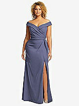Alt View 1 Thumbnail - French Blue Cuffed Off-the-Shoulder Pleated Faux Wrap Maxi Dress