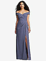 Front View Thumbnail - French Blue Cuffed Off-the-Shoulder Pleated Faux Wrap Maxi Dress