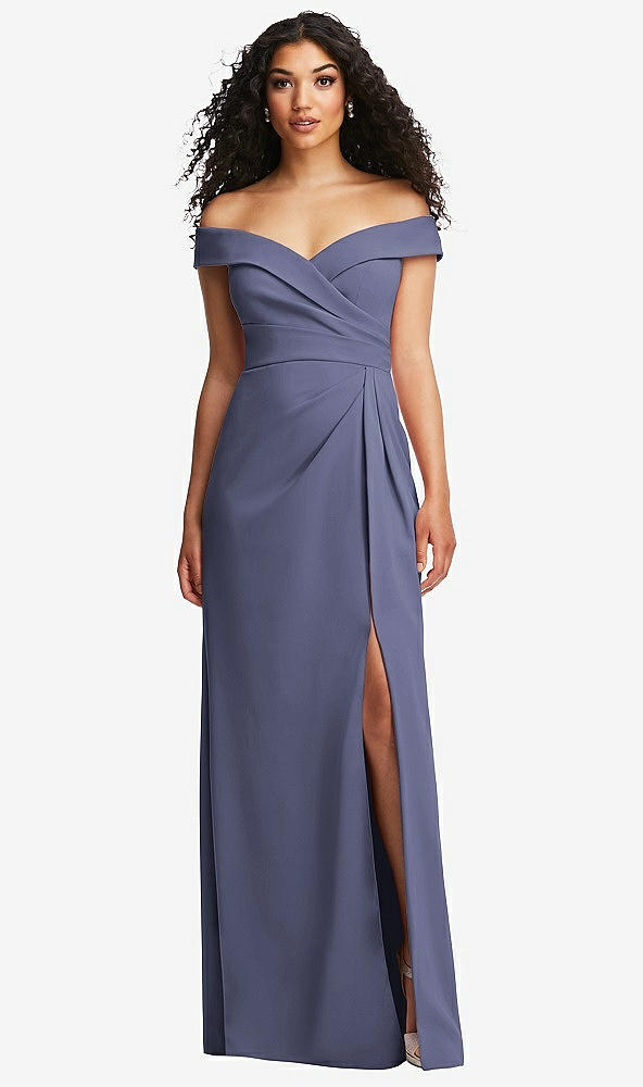 Front View - French Blue Cuffed Off-the-Shoulder Pleated Faux Wrap Maxi Dress
