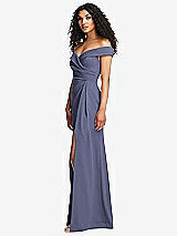 Side View Thumbnail - French Blue Cuffed Off-the-Shoulder Pleated Faux Wrap Maxi Dress