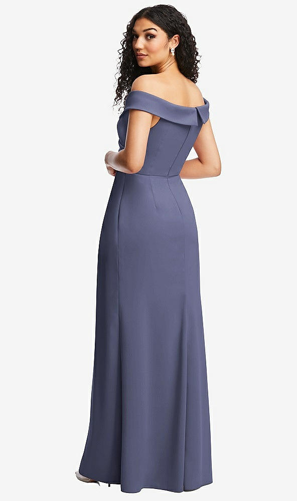 Back View - French Blue Cuffed Off-the-Shoulder Pleated Faux Wrap Maxi Dress