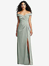 Front View Thumbnail - Willow Green Cuffed Off-the-Shoulder Pleated Faux Wrap Maxi Dress