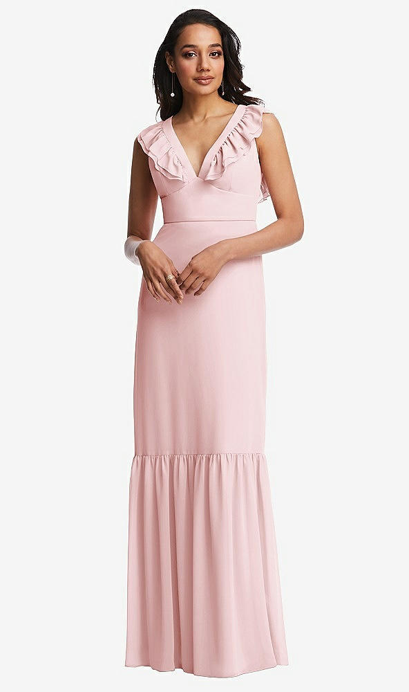Front View - Ballet Pink Tiered Ruffle Plunge Neck Open-Back Maxi Dress with Deep Ruffle Skirt