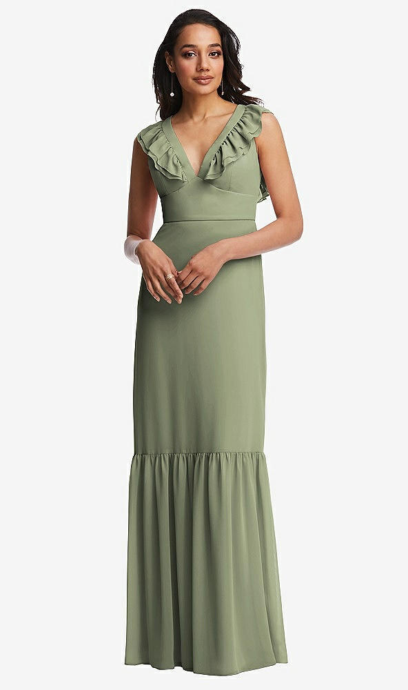 Front View - Sage Tiered Ruffle Plunge Neck Open-Back Maxi Dress with Deep Ruffle Skirt