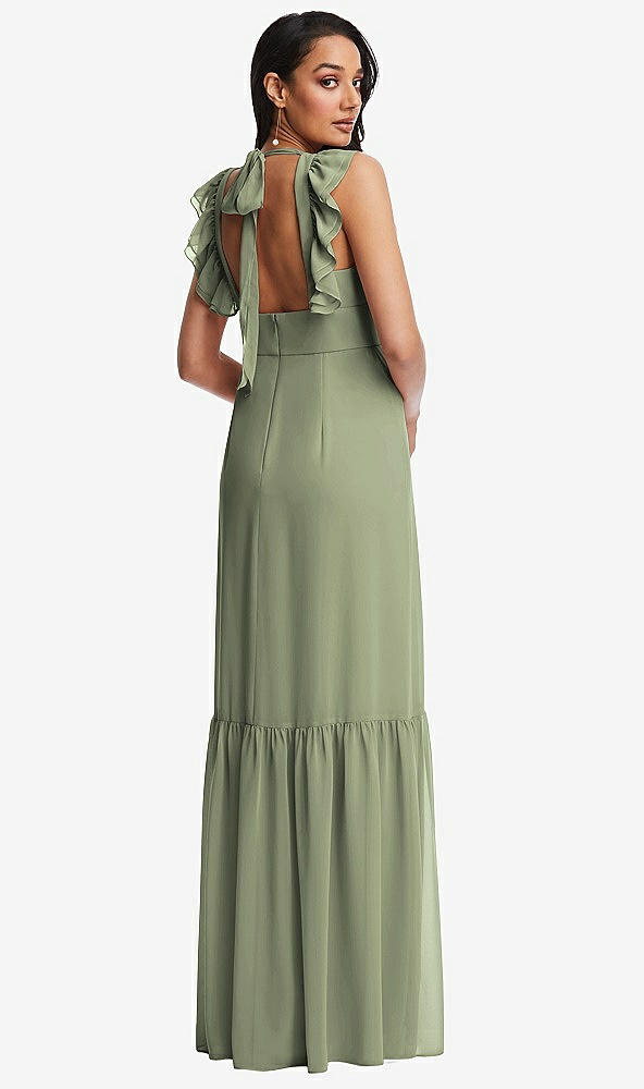 Back View - Sage Tiered Ruffle Plunge Neck Open-Back Maxi Dress with Deep Ruffle Skirt
