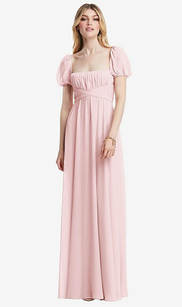 Front View - Ballet Pink Regency Empire Waist Puff Sleeve Chiffon Maxi Dress