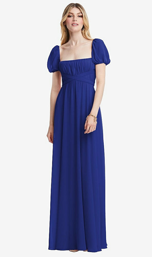 Front View - Cobalt Blue Regency Empire Waist Puff Sleeve Chiffon Maxi Dress