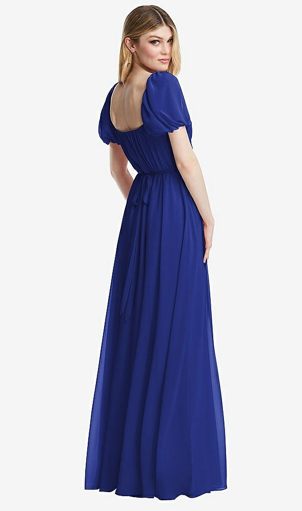 Back View - Cobalt Blue Regency Empire Waist Puff Sleeve Chiffon Maxi Dress