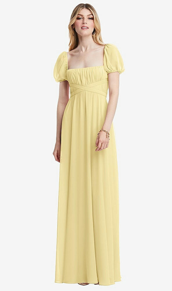Front View - Pale Yellow Regency Empire Waist Puff Sleeve Chiffon Maxi Dress