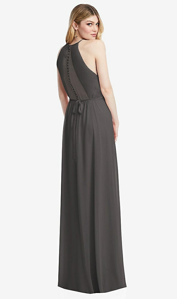 Back View - Caviar Gray Illusion Back Halter Maxi Dress with Covered Button Detail