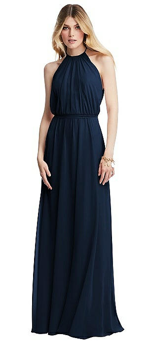 Illusion Back Halter Maxi Dress with Covered Button Detail