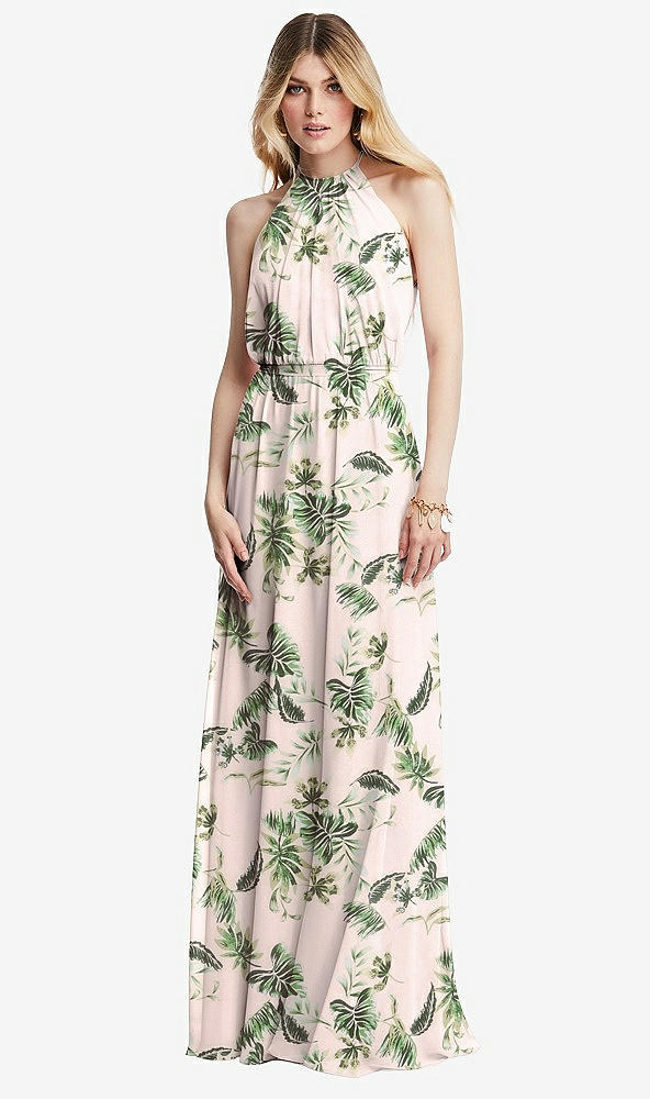 Front View - Palm Beach Print Illusion Back Halter Maxi Dress with Covered Button Detail