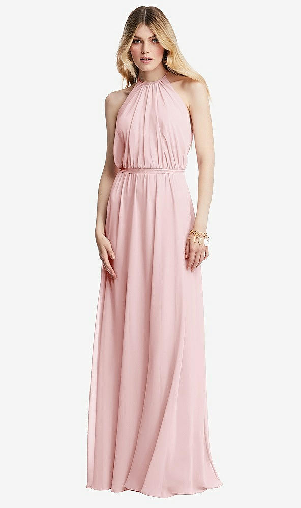 Front View - Ballet Pink Illusion Back Halter Maxi Dress with Covered Button Detail