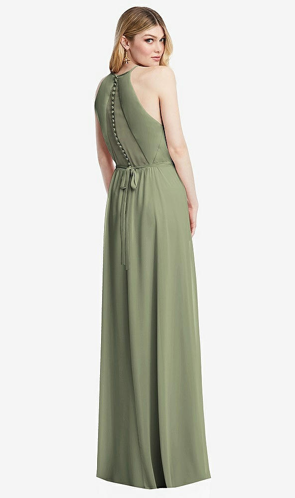 Back View - Sage Illusion Back Halter Maxi Dress with Covered Button Detail
