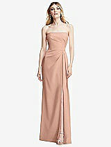 Alt View 1 Thumbnail - Pale Peach Strapless Pleated Faux Wrap Trumpet Gown with Front Slit