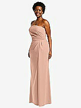 Side View Thumbnail - Pale Peach Strapless Pleated Faux Wrap Trumpet Gown with Front Slit