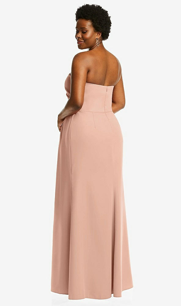 Back View - Pale Peach Strapless Pleated Faux Wrap Trumpet Gown with Front Slit