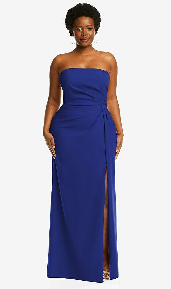 Front View - Cobalt Blue Strapless Pleated Faux Wrap Trumpet Gown with Front Slit