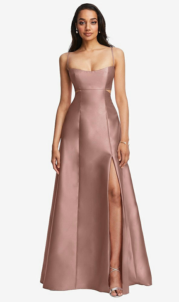 Front View - Neu Nude Open Neckline Cutout Satin Twill A-Line Gown with Pockets