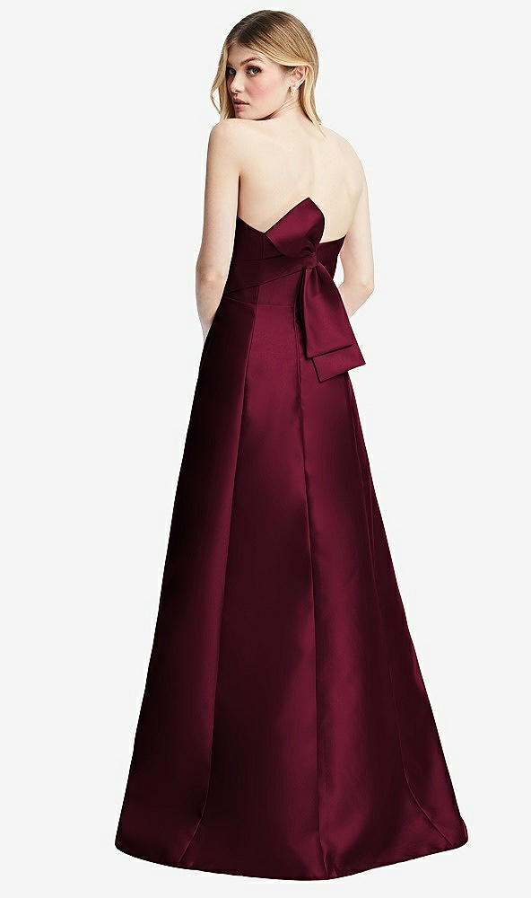 Front View - Cabernet Strapless A-line Satin Gown with Modern Bow Detail