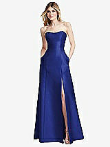 Rear View Thumbnail - Cobalt Blue Strapless A-line Satin Gown with Modern Bow Detail