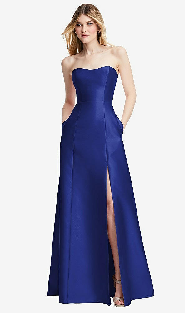 Back View - Cobalt Blue Strapless A-line Satin Gown with Modern Bow Detail