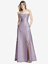 Rear View Thumbnail - Lilac Haze Strapless A-line Satin Gown with Modern Bow Detail