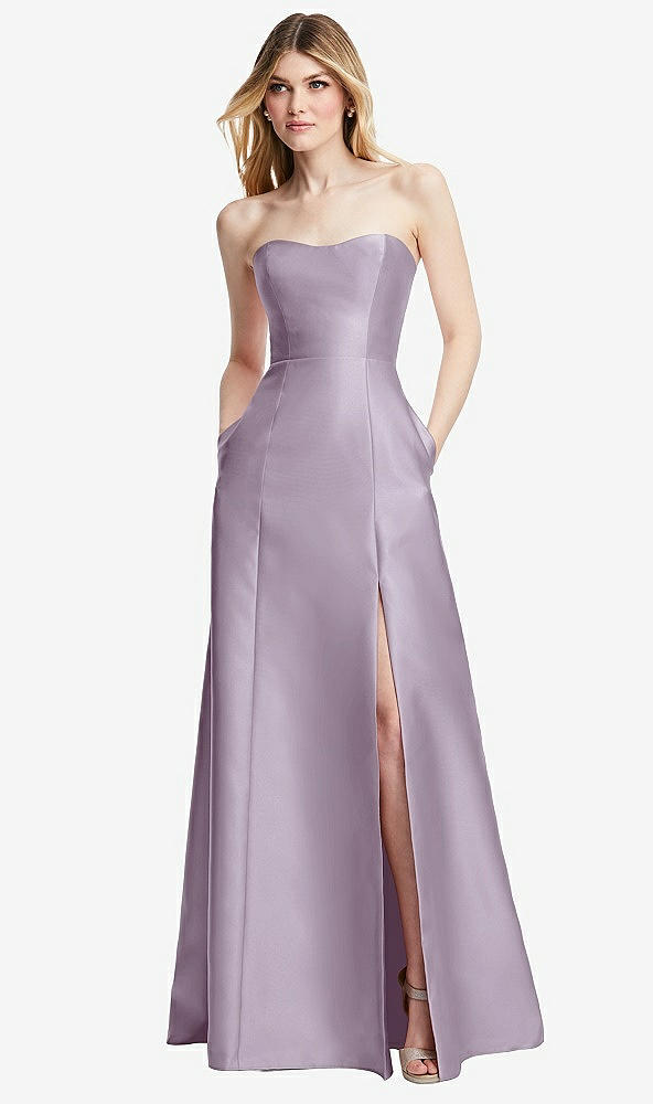 Back View - Lilac Haze Strapless A-line Satin Gown with Modern Bow Detail