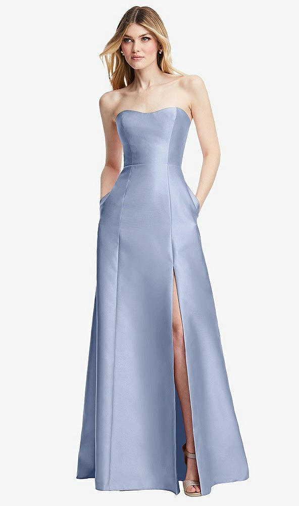 Back View - Sky Blue Strapless A-line Satin Gown with Modern Bow Detail