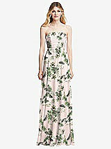 Front View Thumbnail - Palm Beach Print Shirred Bodice Strapless Chiffon Maxi Dress with Optional Straps