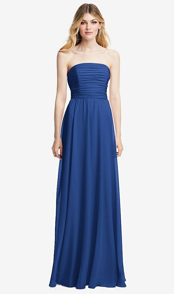 Front View - Classic Blue Shirred Bodice Strapless Chiffon Maxi Dress with Optional Straps