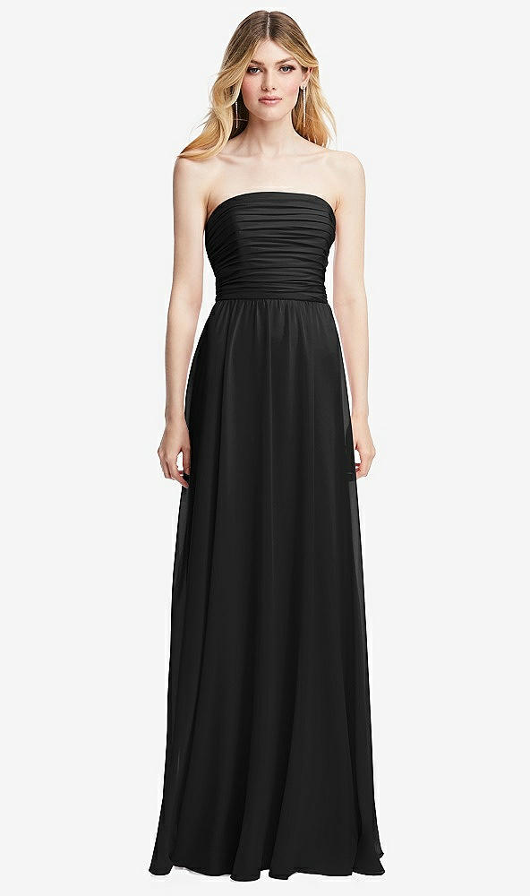 Front View - Black Shirred Bodice Strapless Chiffon Maxi Dress with Optional Straps