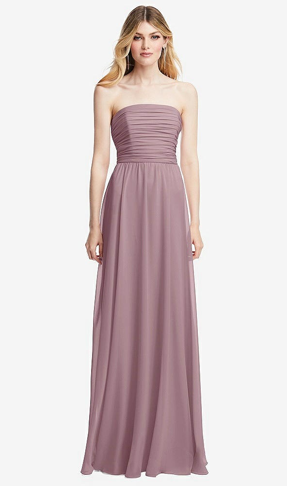 Front View - Dusty Rose Shirred Bodice Strapless Chiffon Maxi Dress with Optional Straps