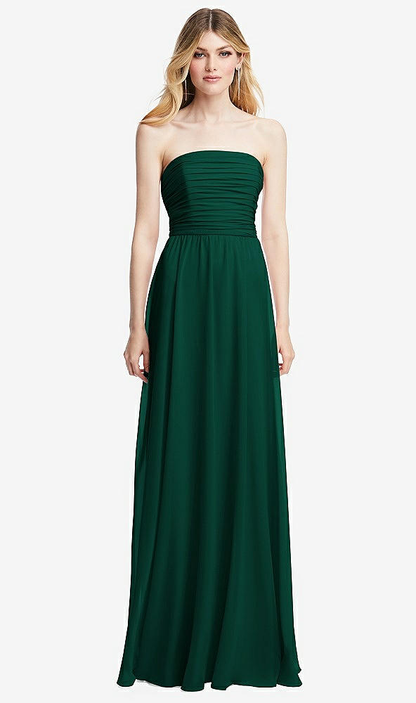Front View - Hunter Green Shirred Bodice Strapless Chiffon Maxi Dress with Optional Straps