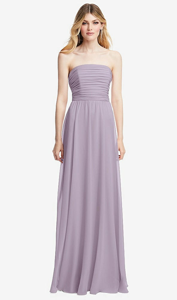Front View - Lilac Haze Shirred Bodice Strapless Chiffon Maxi Dress with Optional Straps