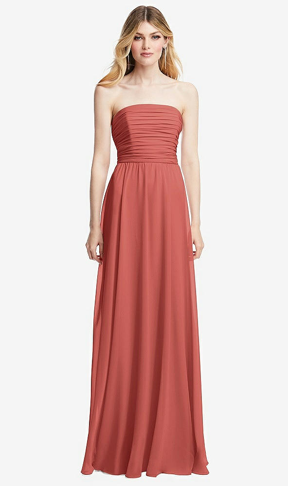 Front View - Coral Pink Shirred Bodice Strapless Chiffon Maxi Dress with Optional Straps