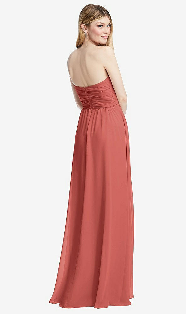 Back View - Coral Pink Shirred Bodice Strapless Chiffon Maxi Dress with Optional Straps