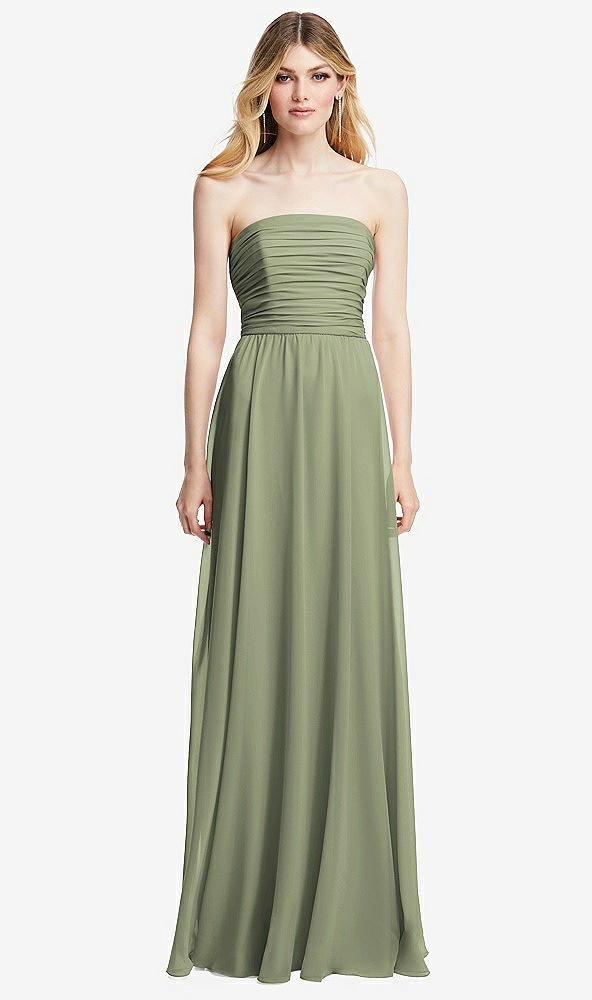 Front View - Sage Shirred Bodice Strapless Chiffon Maxi Dress with Optional Straps