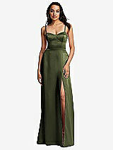 Front View Thumbnail - Olive Green Bustier A-Line Maxi Dress with Adjustable Spaghetti Straps