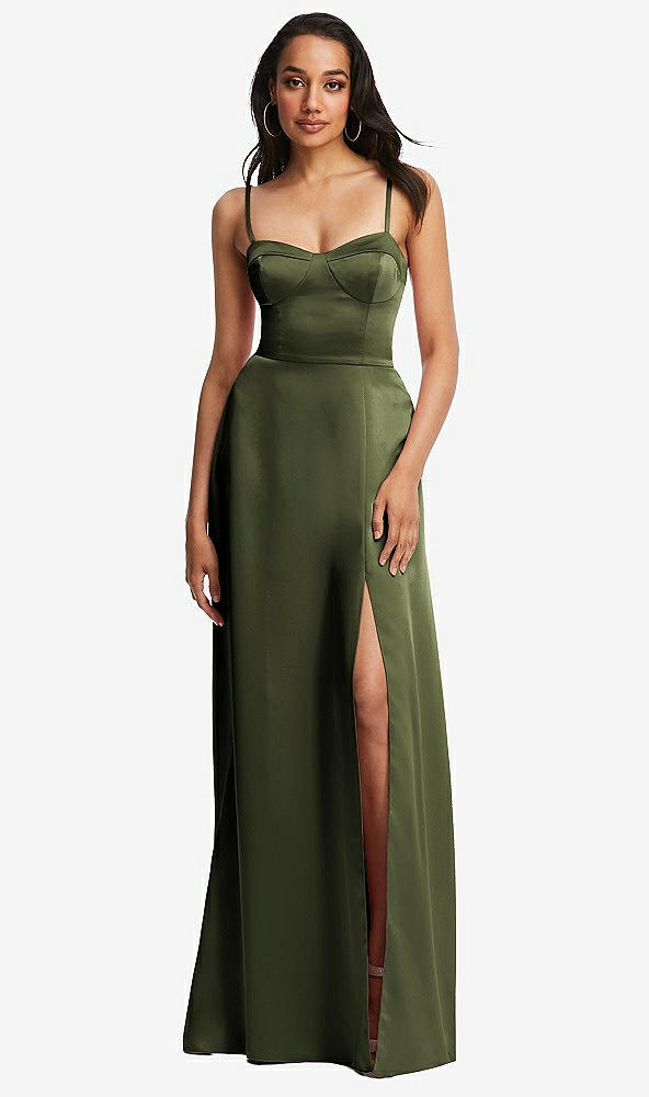 Front View - Olive Green Bustier A-Line Maxi Dress with Adjustable Spaghetti Straps