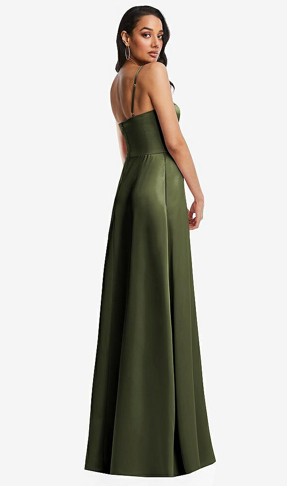 Back View - Olive Green Bustier A-Line Maxi Dress with Adjustable Spaghetti Straps