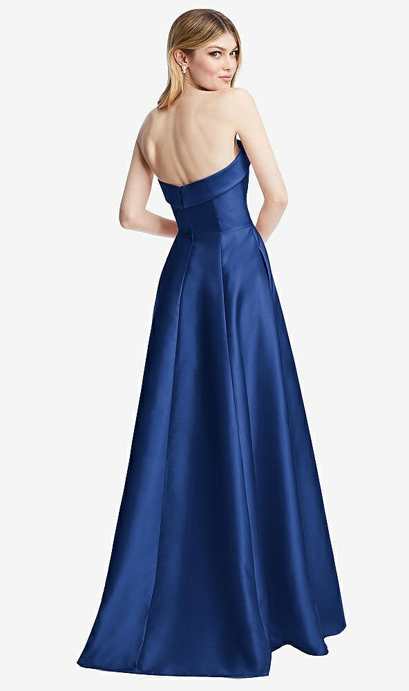 Back View - Classic Blue Strapless Bias Cuff Bodice Satin Gown with Pockets