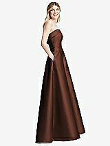 Side View Thumbnail - Cognac Strapless Bias Cuff Bodice Satin Gown with Pockets