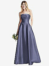 Alt View 1 Thumbnail - French Blue Strapless Bias Cuff Bodice Satin Gown with Pockets